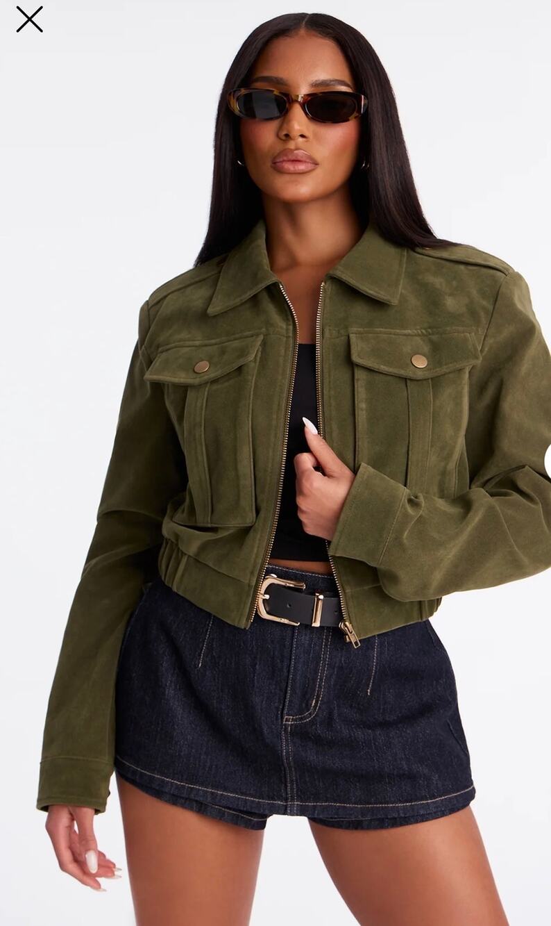 Fashion Nova green women’s Have To Getaway Cropped Faux Suede Jacket NWT (small)